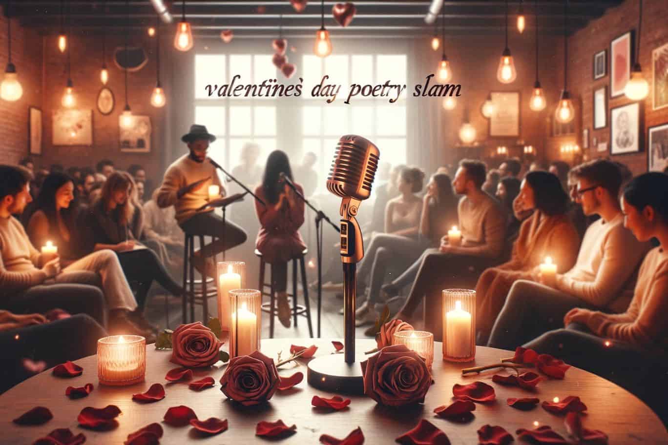Event-Cover zum Poetry Slam am Valentinstag, Veranstaltung mit romantisch geschmücktem Raum und aufmerksamen Gästen, während auf der Bühne gelesen wird