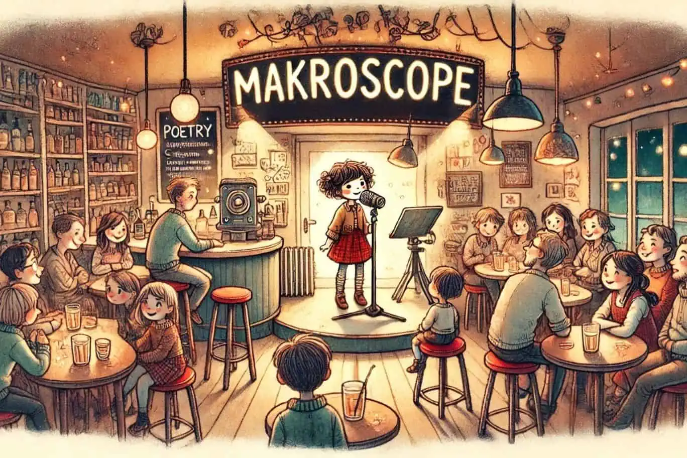 Ein schöner Abend im Makroscope beim Poetry Slam mit einer jungen Frau auf der Bühne und glücklichem Publikum - gezeichnetes Event-Cover
