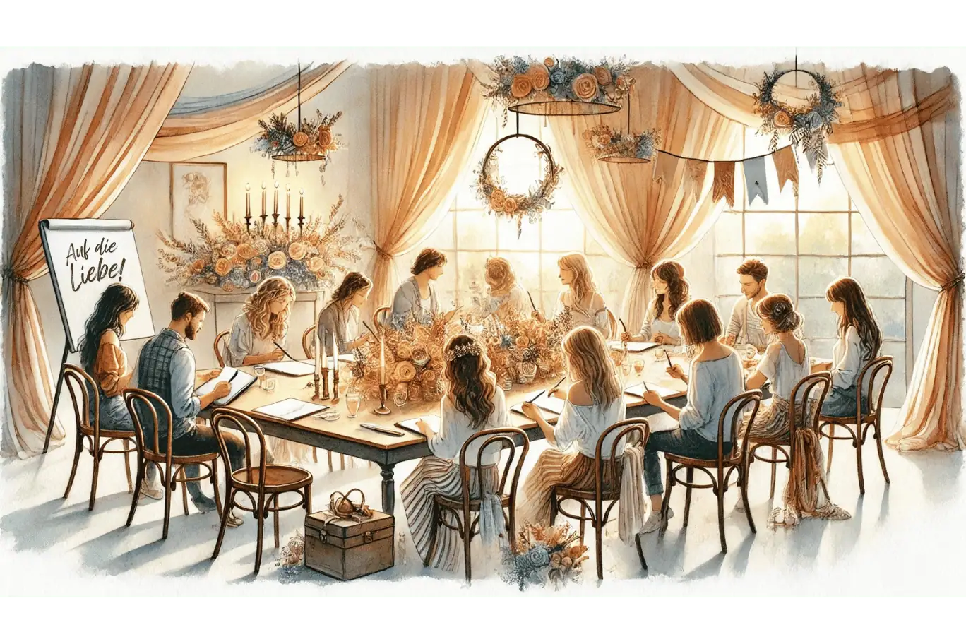 eine Gruppe Menschen sitzt in einem festlich geschmückten Raum, um in einem Poetry-Slam-Workshop eine Hochzeitsrede oder ein Hochzeitsgedicht zu schreiben - Event-Cover im Aquarellstil