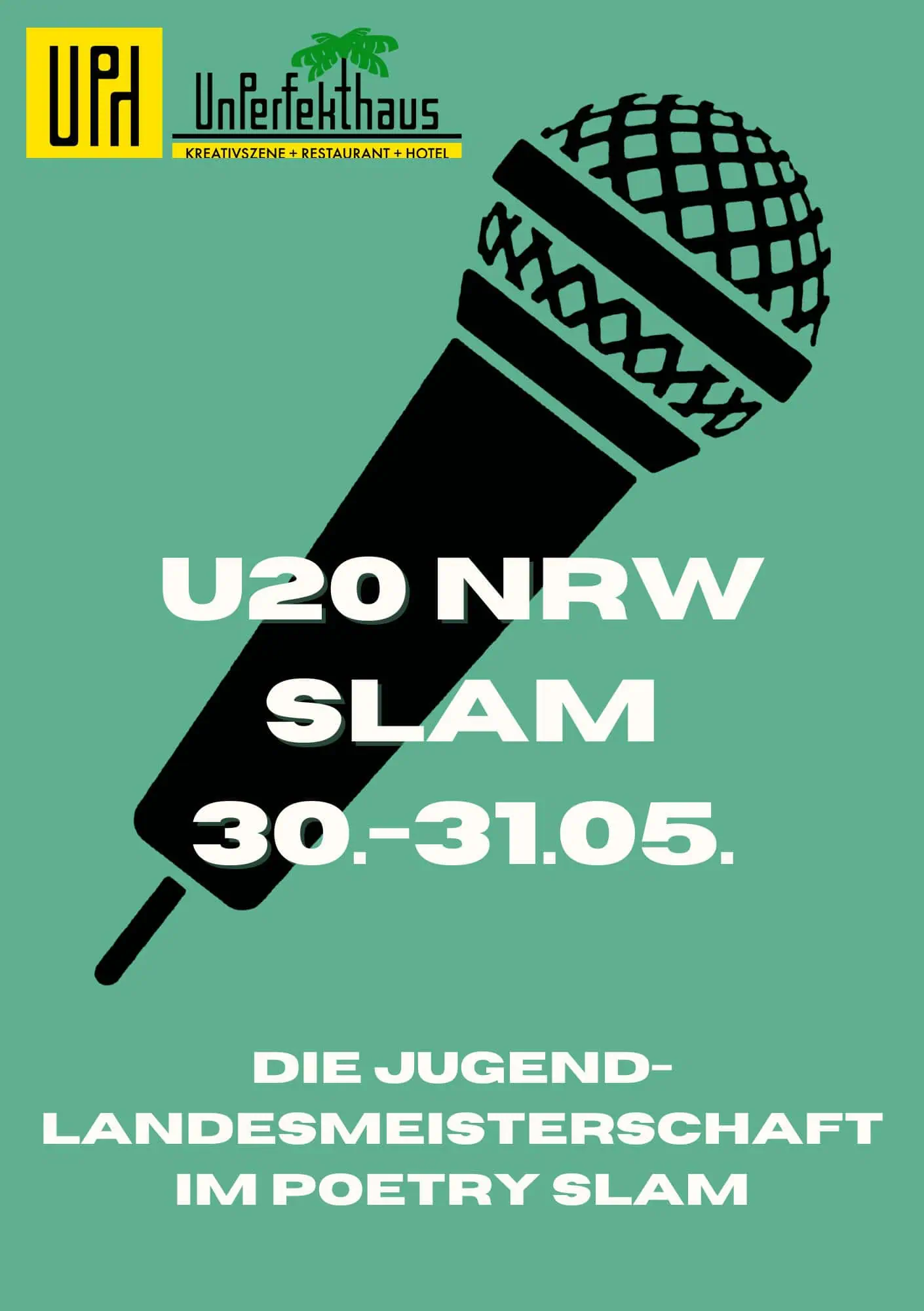 Plakat U20 NRW Slam 2025 - Mikrofon auf grünem Hintergrund