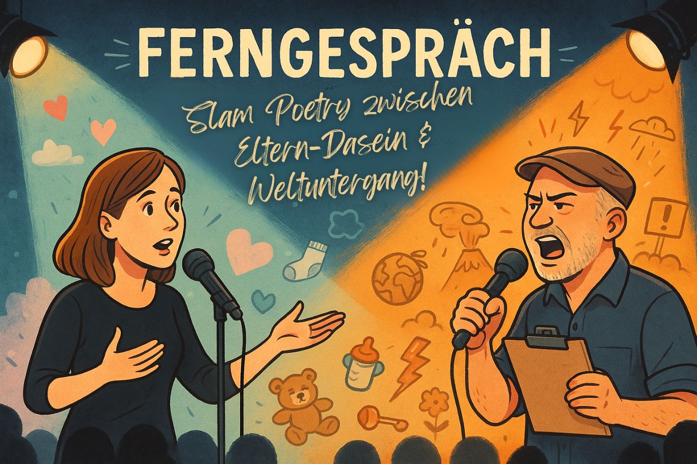zwei Personen stehen auf einer Bühne und tragen etwas vor - Event-Cover für Ferngespräch mit Theresa Sperling und Björn Rosenbaum - Poetry-Slam-Lesung mit Interview
