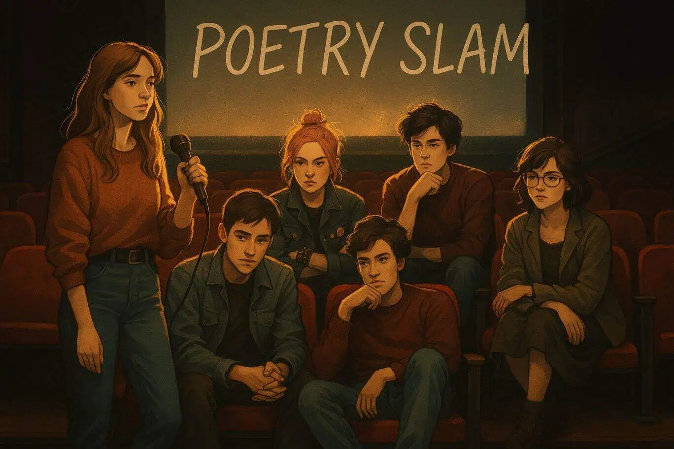 6 junge Menschen sitzen in einem Kino beim Poetry Slam - Event-Cover gezeichnet für Breakfast Club Special vom Poetry Slam im Metropolis Kino Bochum