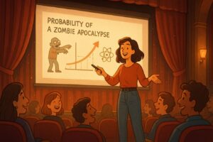 Eine Frau mit Pointer in der Hand zeigt eine Präsentation über Zombies beim PowerPoint-Karaoke im Metropolis Kino in Bochum - Event-Cover im Zeichenstil
