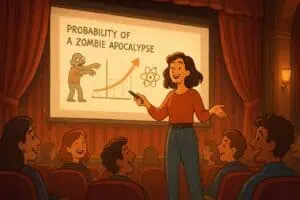 Eine Frau mit Pointer in der Hand zeigt eine Präsentation über Zombies beim PowerPoint-Karaoke im Metropolis Kino in Bochum - Event-Cover im Zeichenstil